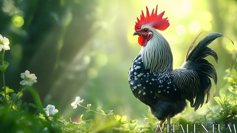 Rooster with Red Comb Among Wildflowers in Sunlit Garden.