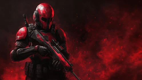 Armored red sci fi marksman stabilizes rifle amid volumetric smoke