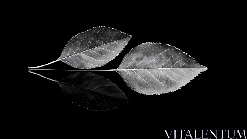 Monochrome leaf duet rests in mirrored minimalist space.