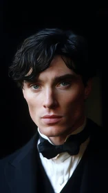 Intense gentleman portrait in classic black tuxedo study.