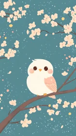 Minimalist pastel owl perched among stylized cherry blossoms