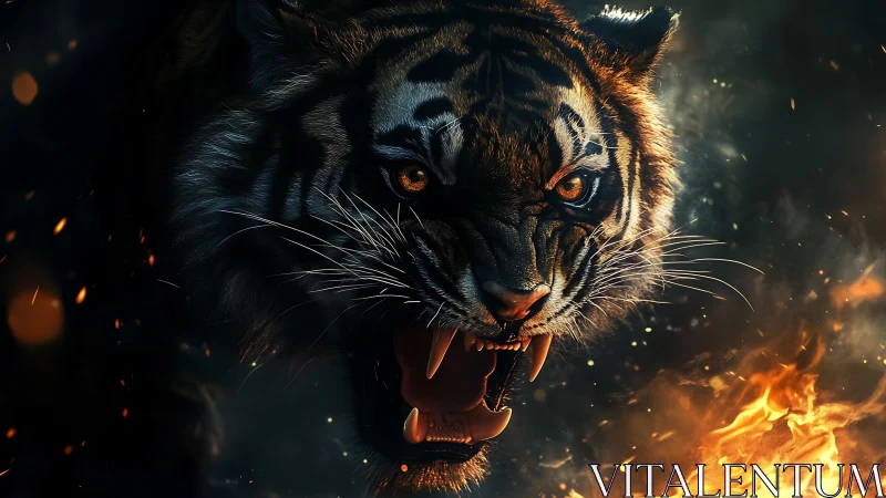 Fierce tiger roars through sparks and fire with blazing power