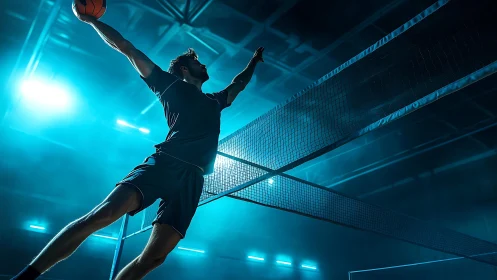 Male volleyball player jumps for spike in blue lit arena.