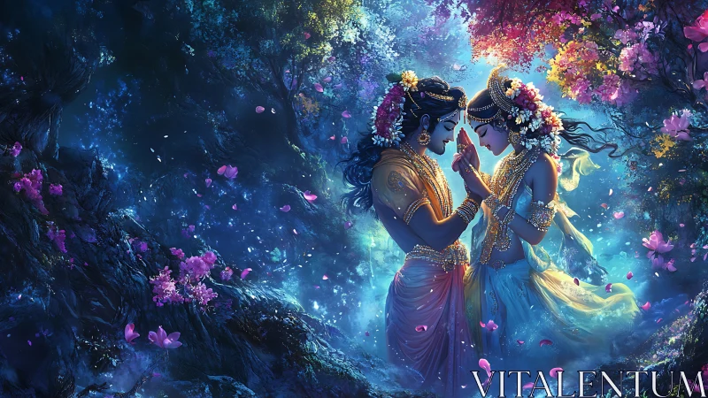 Mythic lovers in luminous forest, high-fantasy digital painting.