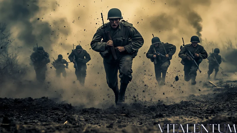 World War II infantry charge through smoke and mud under fire