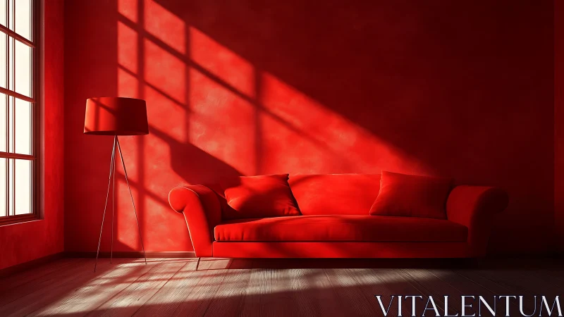 Monochrome red lounge with directional window light and shadows