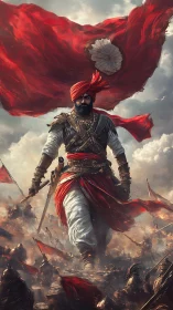 Warrior strides through battlefield beneath vast red flag.