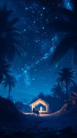 Silent nativity shelter glows beneath a vast, starry desert sky