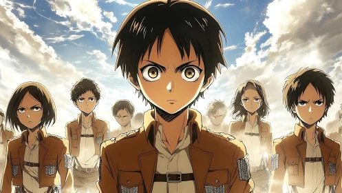 Determined anime cadets march forward under radiant skies.