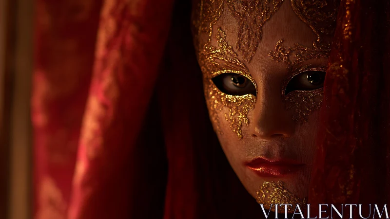 Gilded Venetian mask portrait rendered in dramatic chiaroscuro