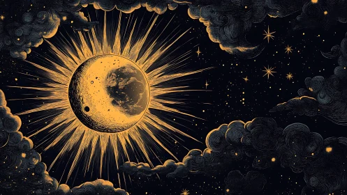 Celestial moon sun fusion in ornate night sky illustration.