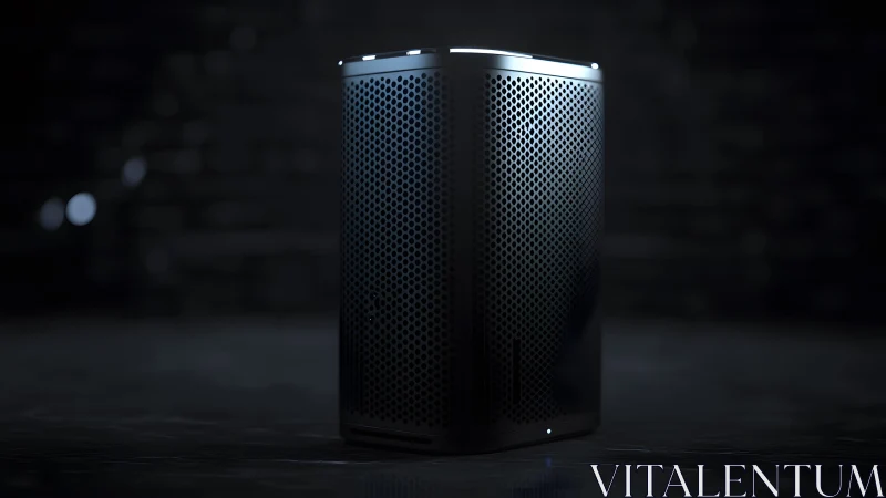 Sleek modern air purifier with perforated metal design in moody lighting.