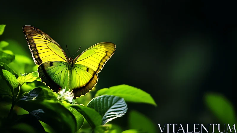 Luminous green butterfly rests on leaves in forest light.