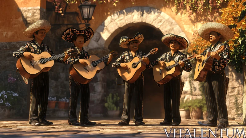 Digitally rendered mariachi ensemble in sunlit courtyard scene.