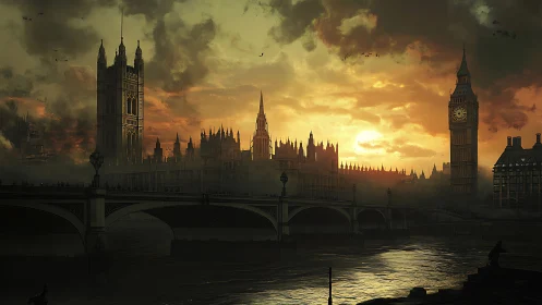 Sunset engulfs gothic London skyline in moody river haze