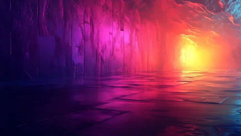 Digital painting corridor in neon gradient molten cavern space.