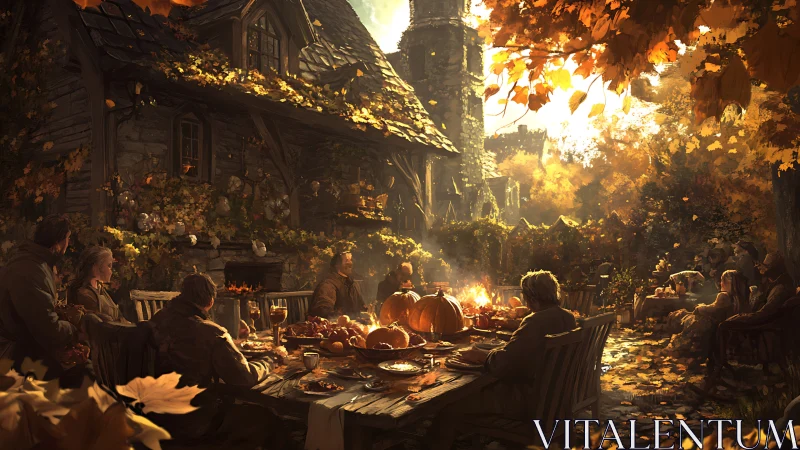 Autumn harvest feast at rustic cottage under golden leaves.