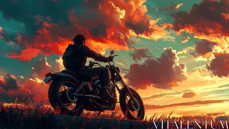 Lone biker pauses on motorcycle under vivid sunset sky.