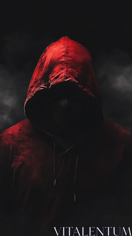 Mysterious hooded figure in deep red against drifting shadows.