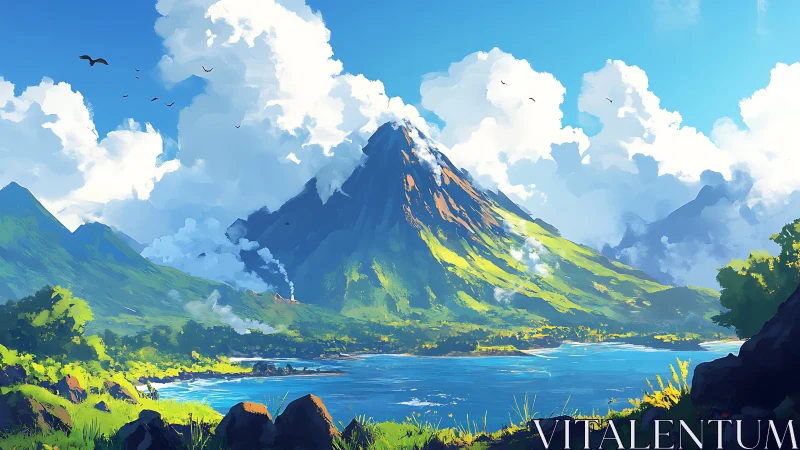 Volcanic peak above coastal lake in lush digital landscape.
