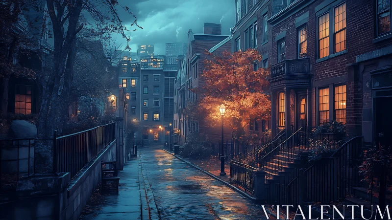Autumn-lit city alley glows under moody blue twilight.