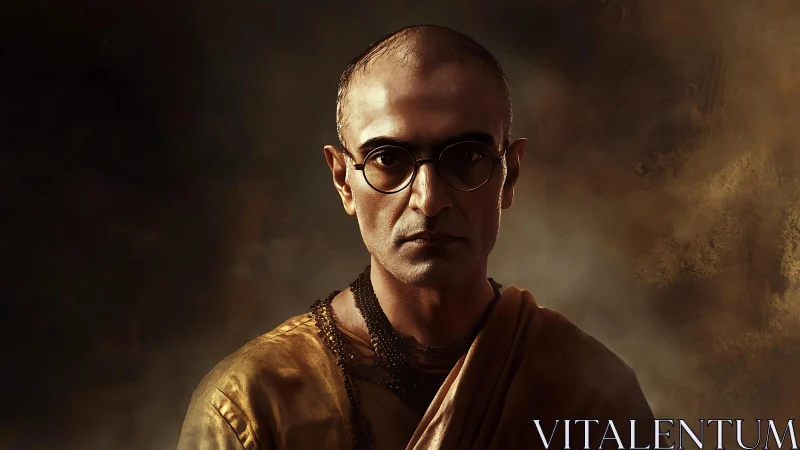 Bald man in ochre robe with glasses against dark backdrop.