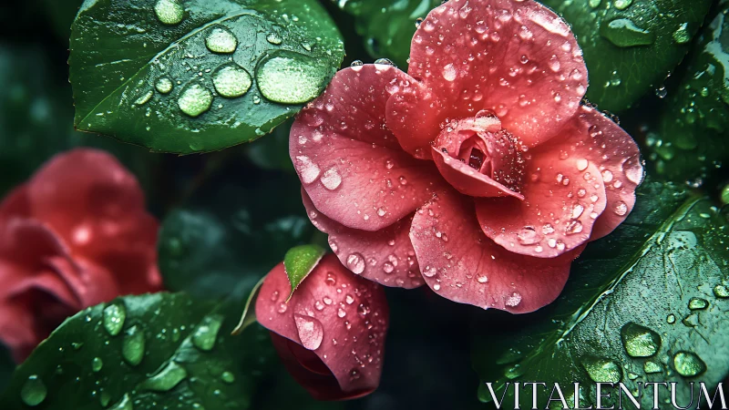 Red Roses with Dew Drops on Green Foliage After Rain