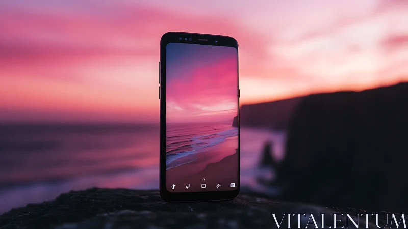 Smartphone displaying dramatic sunset seascape with golden hour coastal reflection.