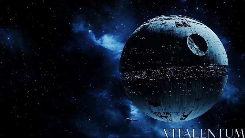 Spherical battle station in deep-space cinematic composition.