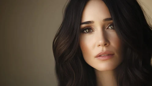 Soft-lit portrait of a pensive brunette in warm quiet tones.