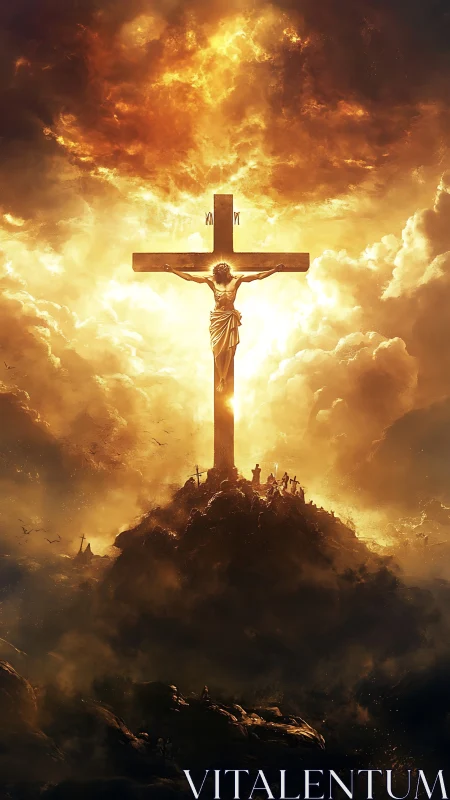 Crucifix silhouette is centered against dense illuminated clouds