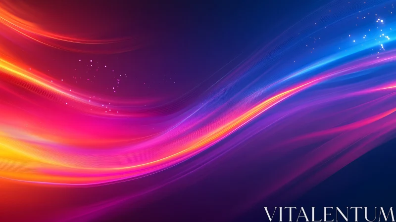 Vibrant neon light trails curve across deep blue gradient