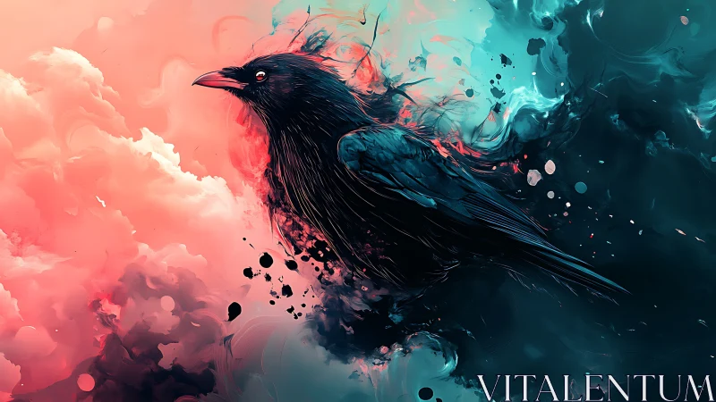 Soaring ink-black raven glides between pink and teal clouds