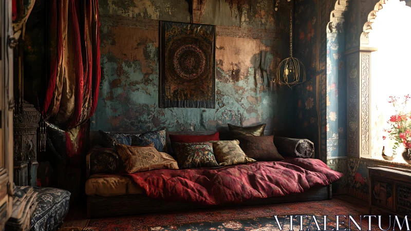 Textural Moorish alcove with layered textiles and patina-rich walls.