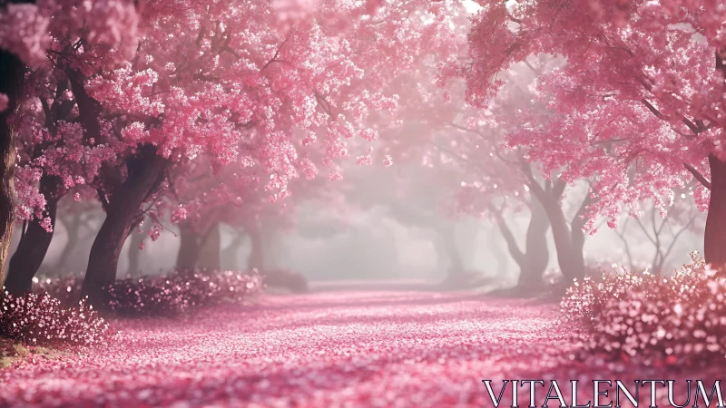 Petal-lined cherry blossom path glows in soft spring light