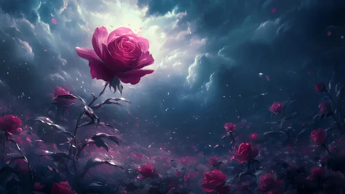Radiant Rose Blooms Against Stormy Skies