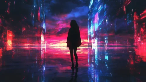 Silhouette in luminous data corridor against neon horizon