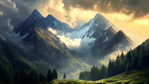 Stormlit alpine titans crowned in molten morning gold.