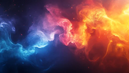 Nebular blue and orange energy clouds in cosmic collision.