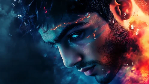Intense male portrait in blue and fiery abstract effects.