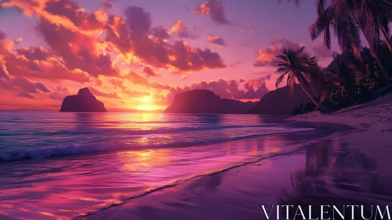 Hyper-saturated tropical shoreline at radiant magenta sunset