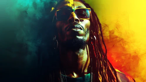 Neon-lit portrait unites high-contrast color fields and stylized glare