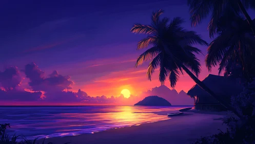 Tropical beach sunset with palm silhouettes and calm sea.