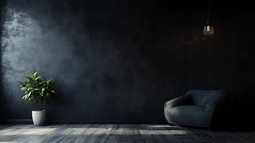 Minimalist lounge with dark textured wall and soft lighting.