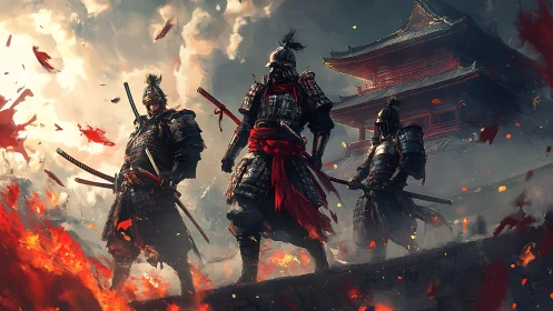 Armored warriors stand before fortress amid drifting embers