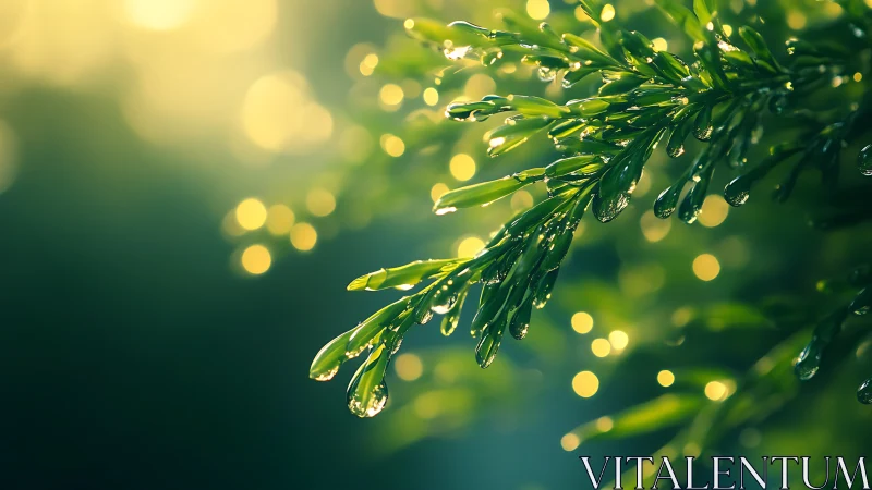 Evergreen branch with water droplets in soft bokeh light.