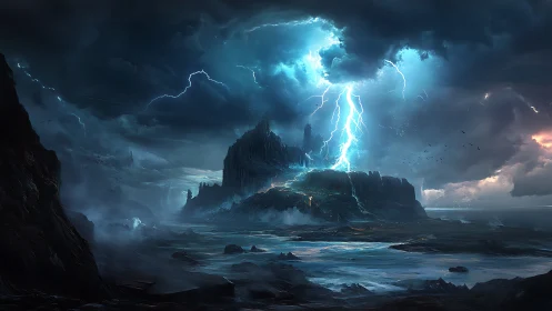 Fortified castle structure struck by electrical discharge in turbulent seascape