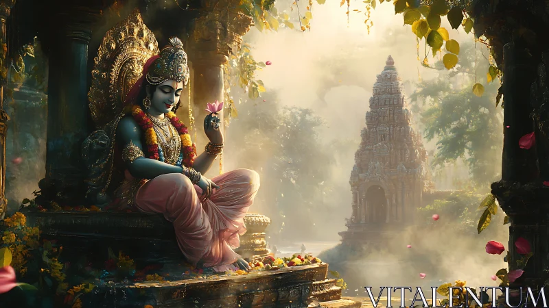 Seated deity statue before misty temple in forest setting.