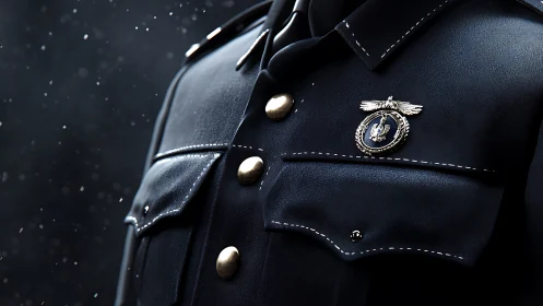 Military dress coat close-up with ornate metal insignia.