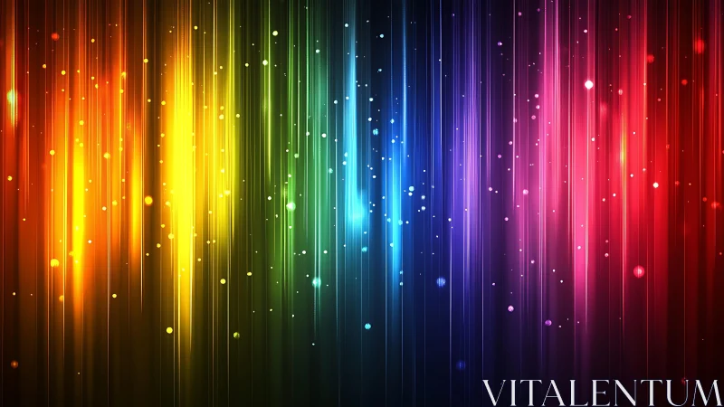 Vibrant rainbow light beams with glowing particles, digital abstract art.
